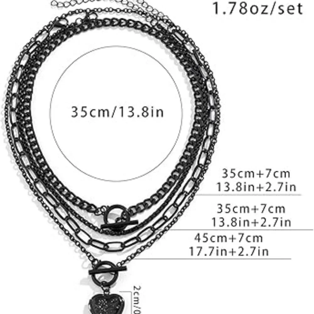 Punk Chunky Black Layered Necklace Set Fashion‎ Heart Pendant Goth Jewelry